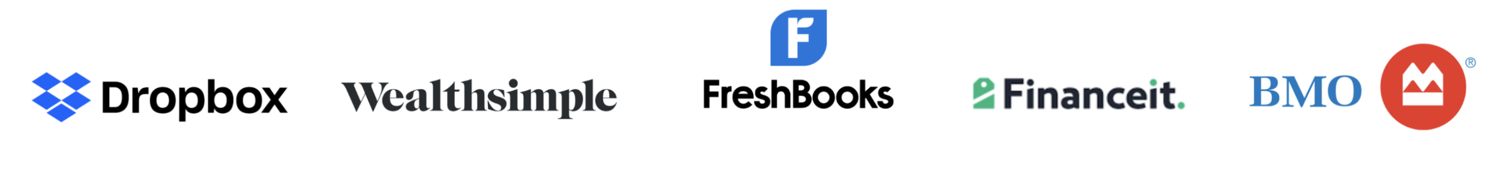 Logos of places I've worked, including Dropbox, Wealthsimple, FreshBooks, Financeit and BMO.